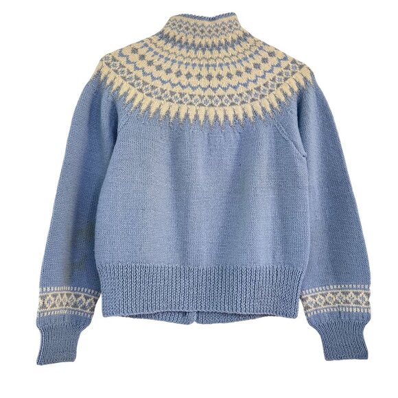Vintage Norwegian Hand Knit Wool Cardigan Blue Fair Isle William Schmidt Oslo S - Picture 2 of 8